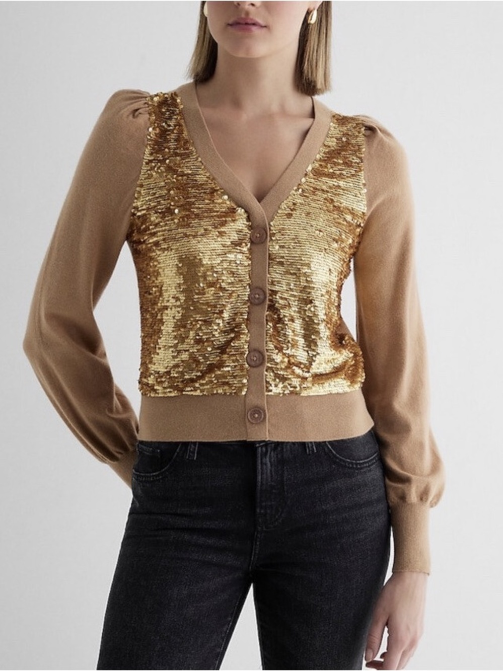 Express Women's Sequin Long Sleeve Button Front Cardigan Sweater Top